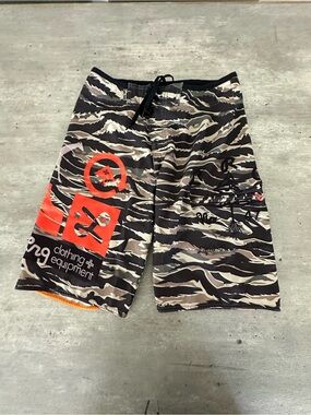 Men's LRG Camo Board Shorts with Bright Orange Accent